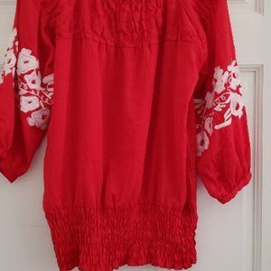 NEW Red 3/4 Sleeve Top with Embroidery on sleeve - M